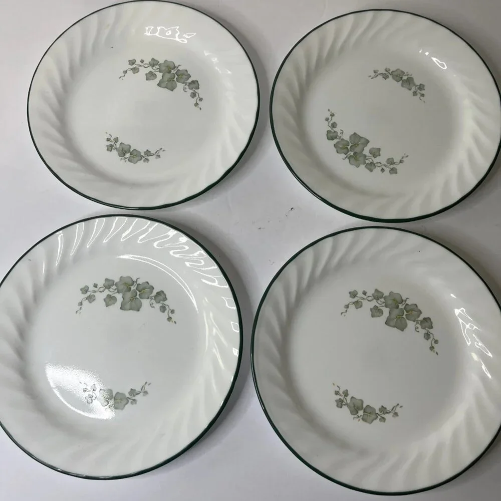Corelle Callaway Ivy Bread Dessert 7.25” Plate Green Trim White Swirl - Set of 4